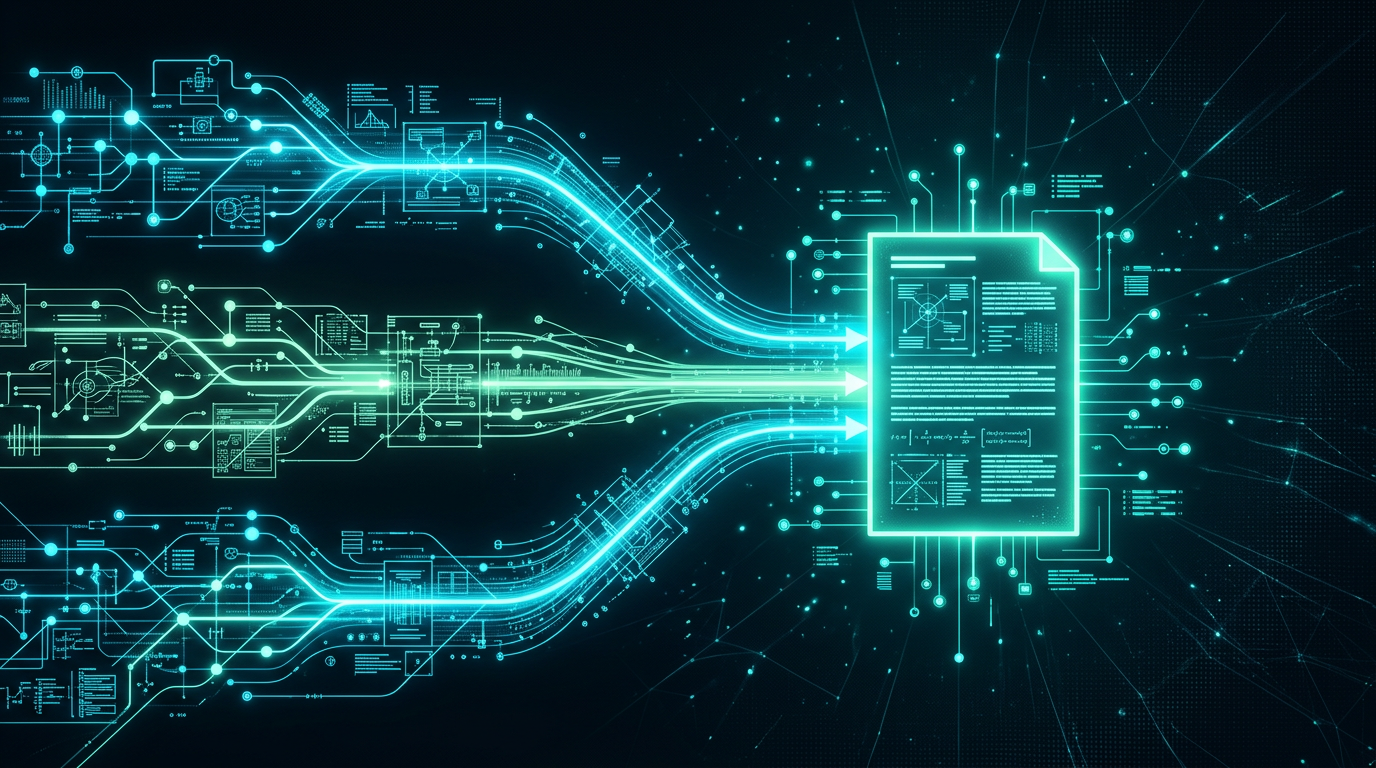 A three-way cyan signal path connecting assistant answers to a brand's first-party evidence