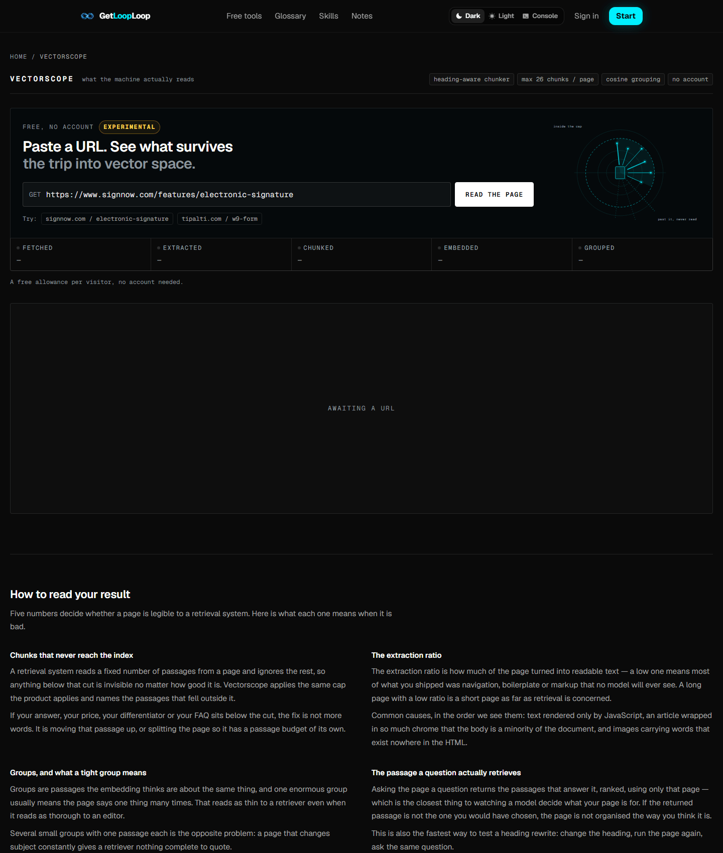 The Vectorscope tool page, showing the input for a URL and the explanation that it returns the passages a retriever would take from that page.