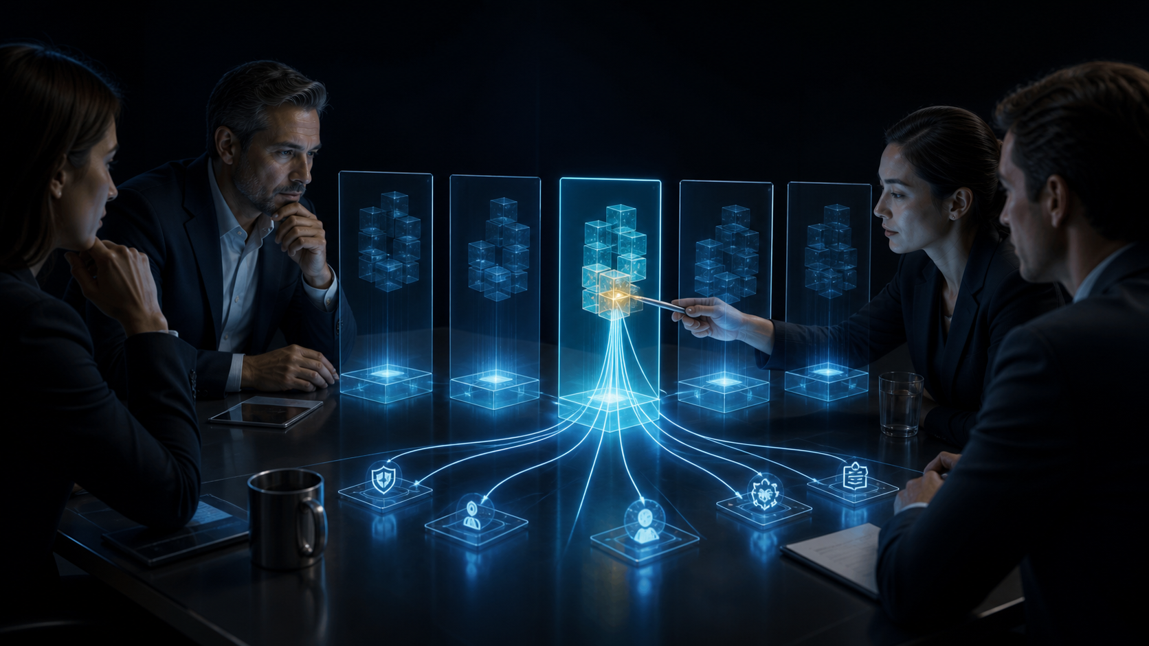 An abstract B2B buyer decision table with AI evidence signals connecting to a software recommendation