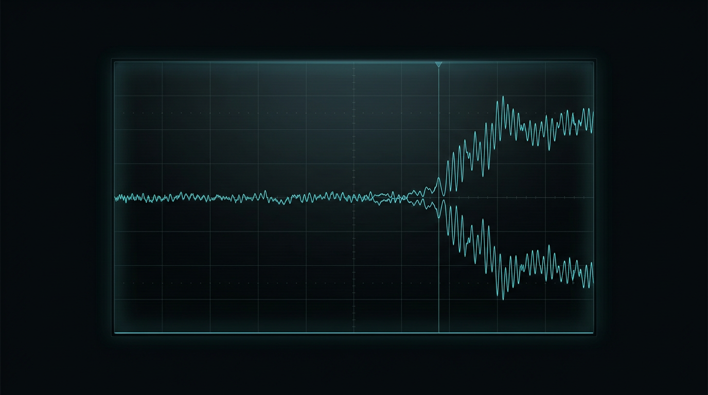 Two waveform traces on a dark oscilloscope display, drawn in cyan. They follow each other closely across most of the timeline and then separate sharply at a marked point.