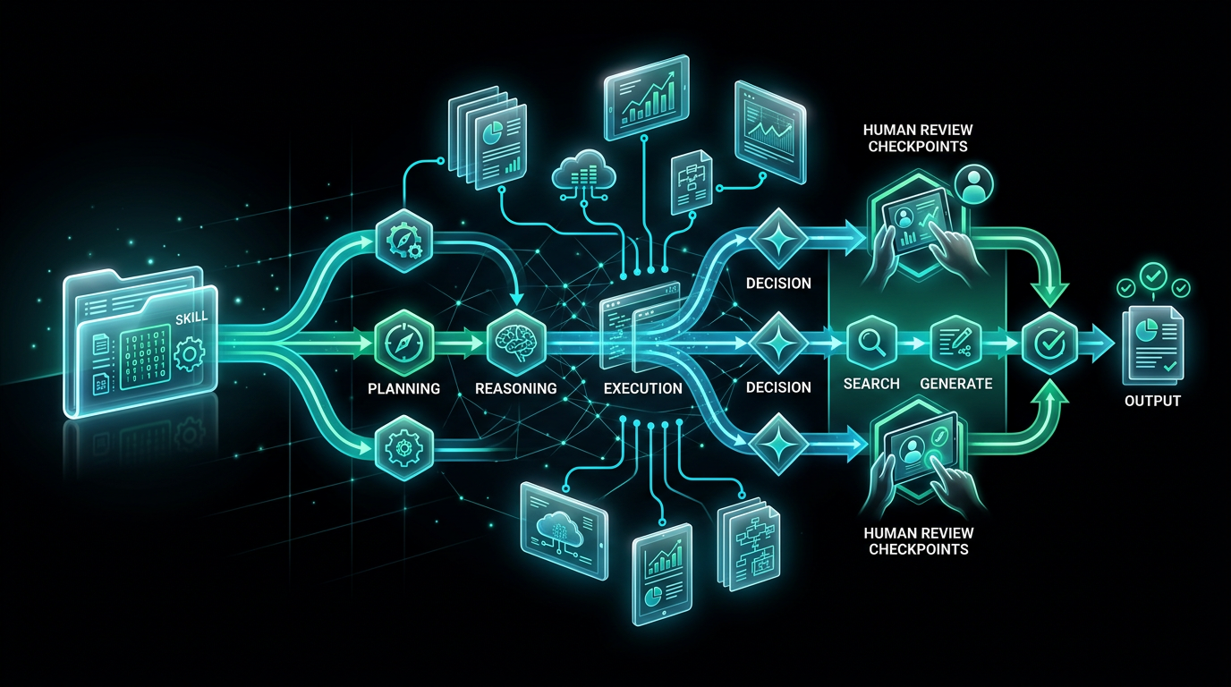 An abstract mint and cyan agent workflow branching from a skill file into reviewed steps