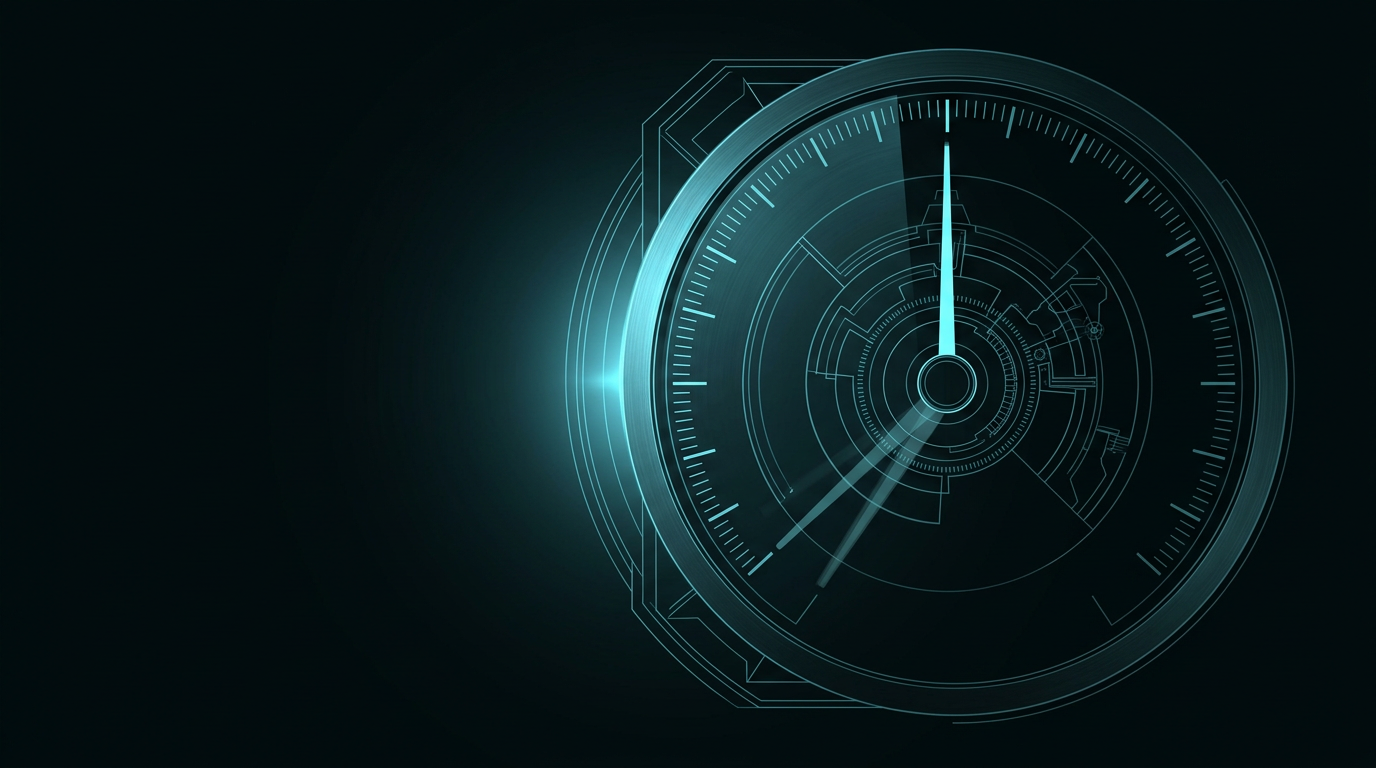 An abstract instrument dial, drawn in thin cyan lines on near-black. The needle rests exactly on a marked setting, with a faint trace showing where it used to sit below that mark.