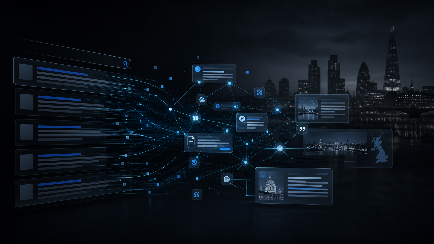 An abstract network of evidence and citations emerging from search results above a subtle London skyline