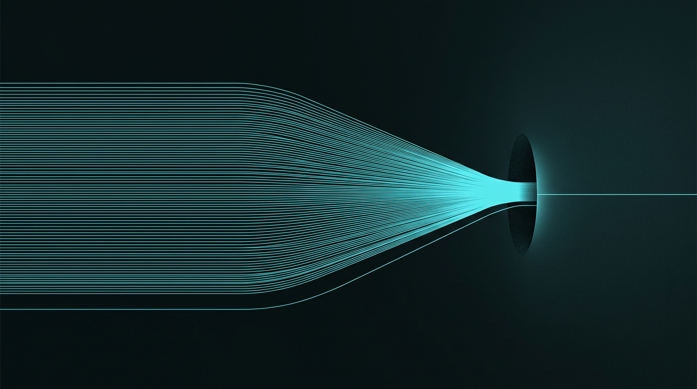 A dense fan of fine cyan lines converging from the left into a dark aperture, with a single thin line running on beyond it — two flows drawn at wildly different scale.