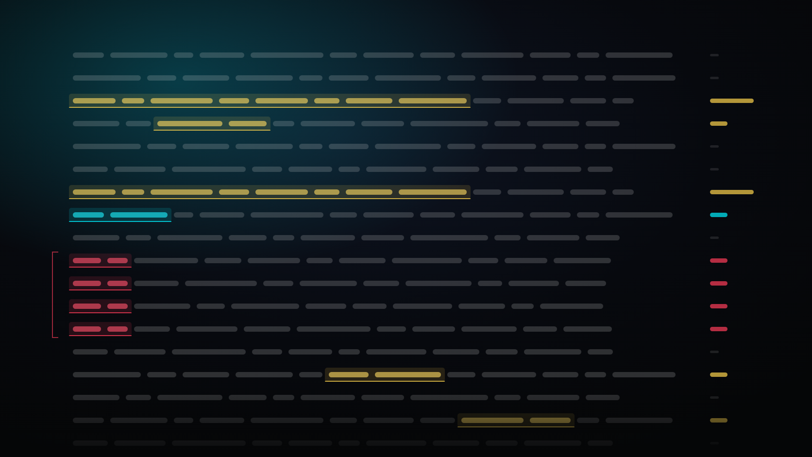 A page of text drawn as bars, most of it unmarked, with two sentences sharing one shape, a stock phrase, and a bracketed run of four lines opening the same way