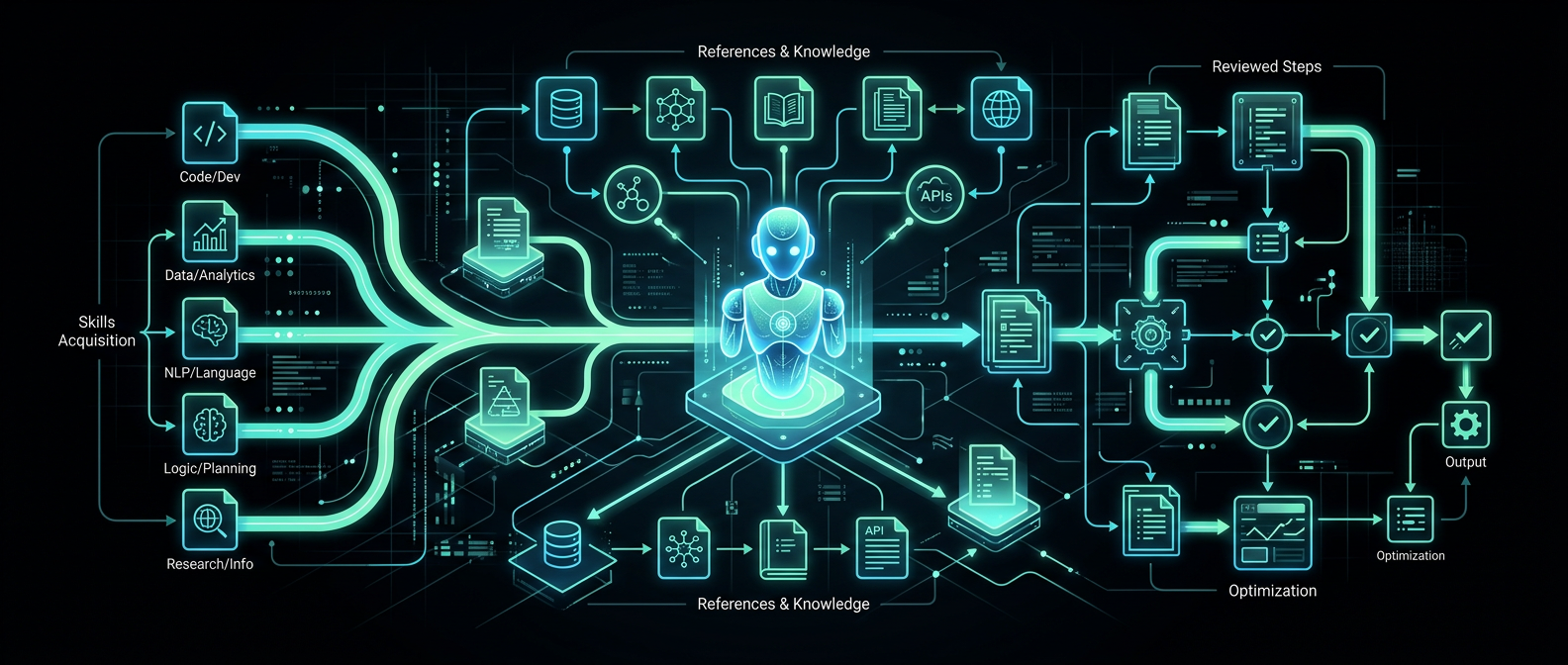 A modular cyan and mint agent workflow connected through a skill file